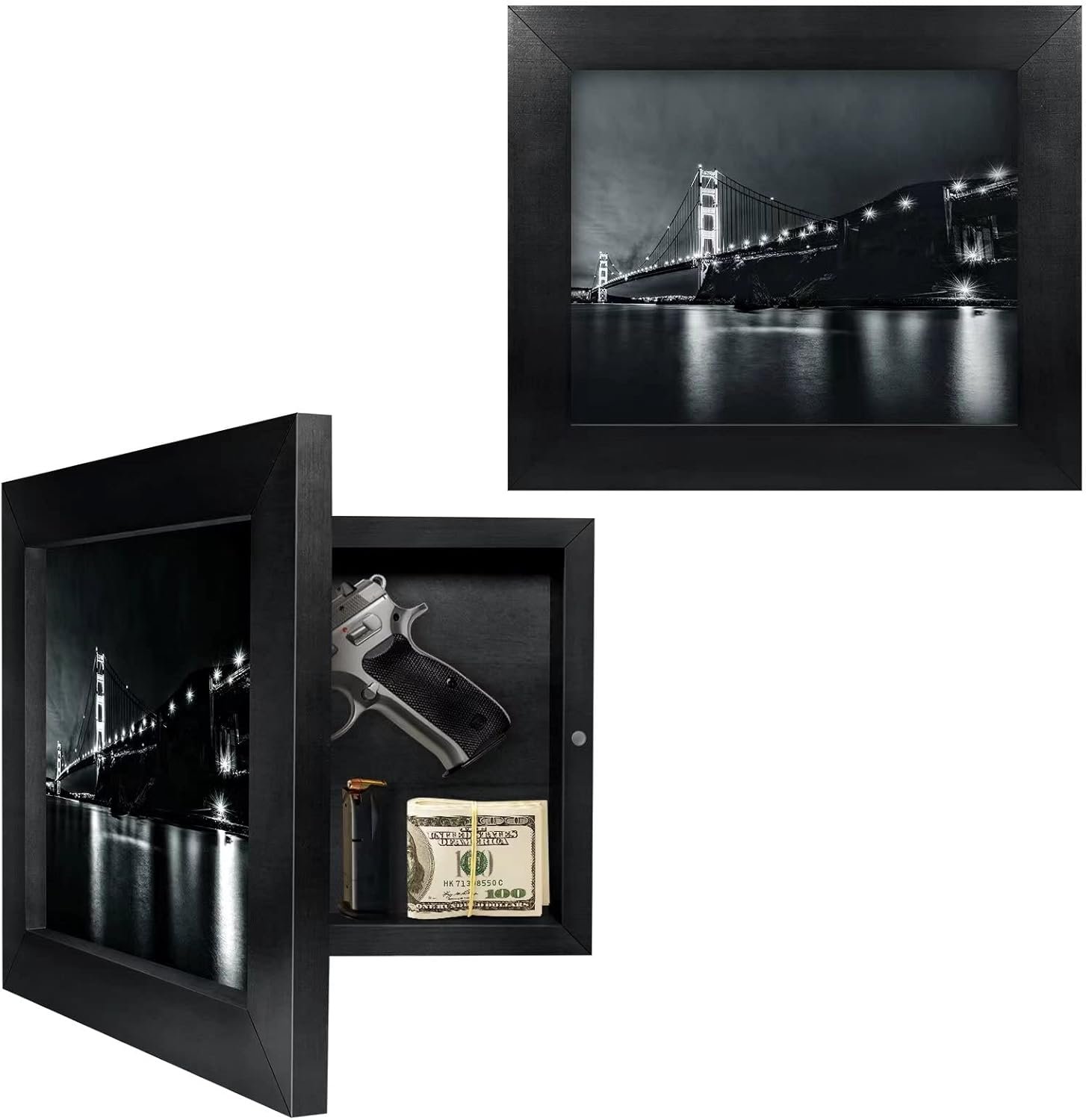 Hidden Gun Storage, Concealment Gun Safes for Pistols, Secret Decor Solid Wooden Handgun Picture Frames Box (Black)