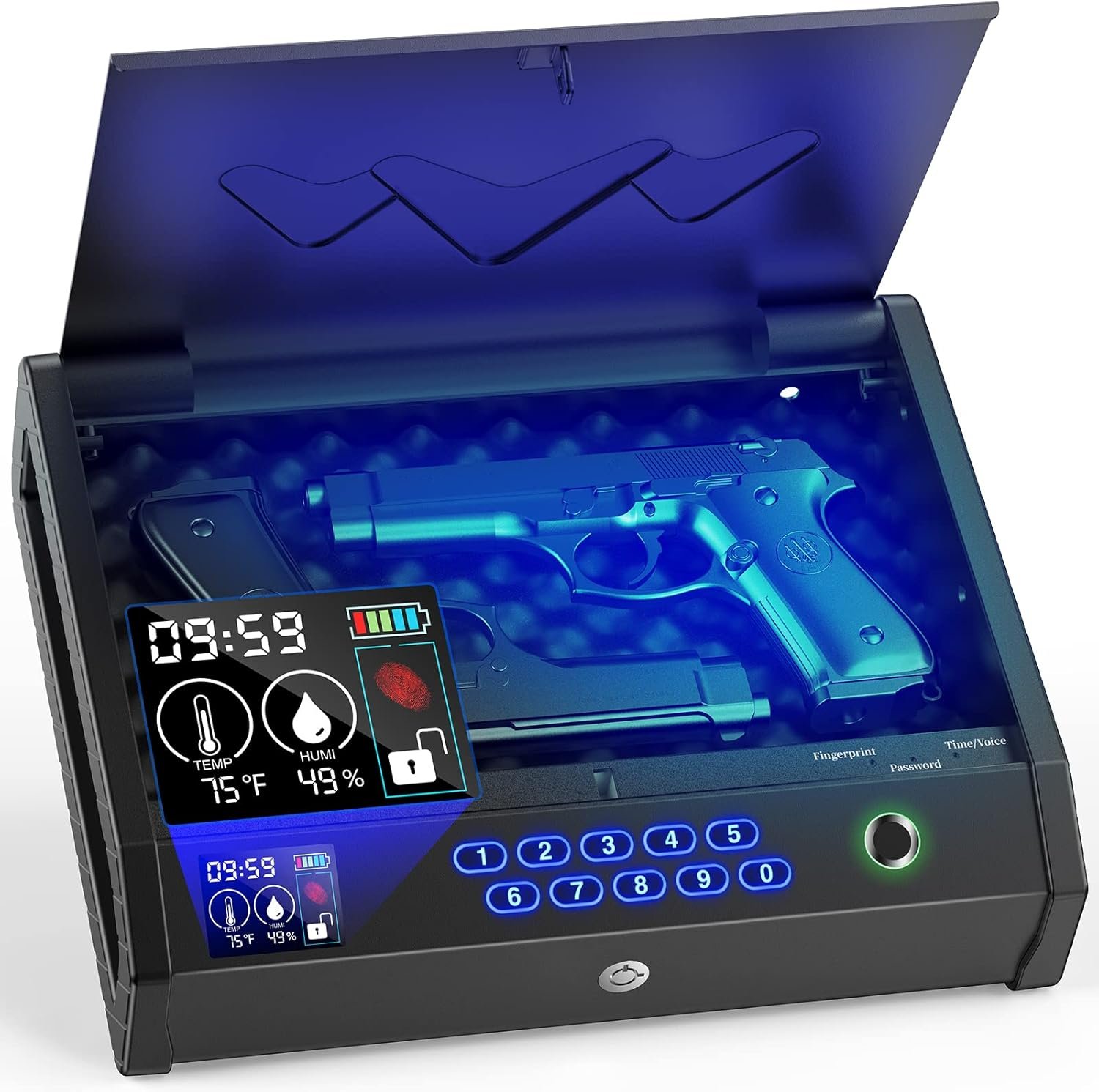 Gun Safe, Biometric Safes for Pistols with LCD Display of Time Battery, Fingerprint Quick Access Handgun Safe Pistol Bedside, Nightstand, Car, 2 Capacity