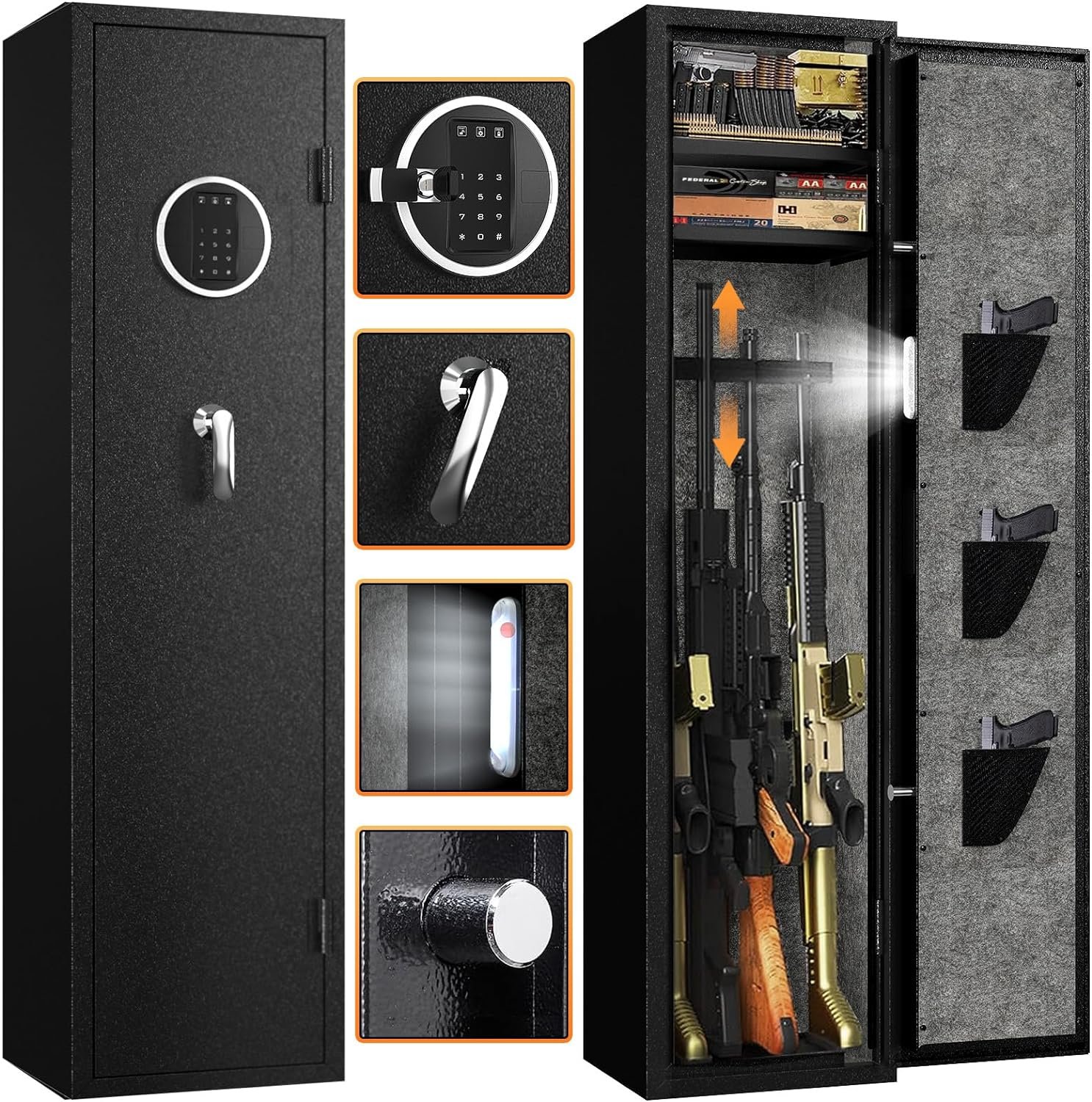 5-6 Gun Safe Rifle, Gun Safes for Home Rifle and Pistols, Gun Cabinet with Privacy Virtual Password and Alarm Function, Rifle Safe with 2 Removable Shelves and Adjustable Racks for Shotguns