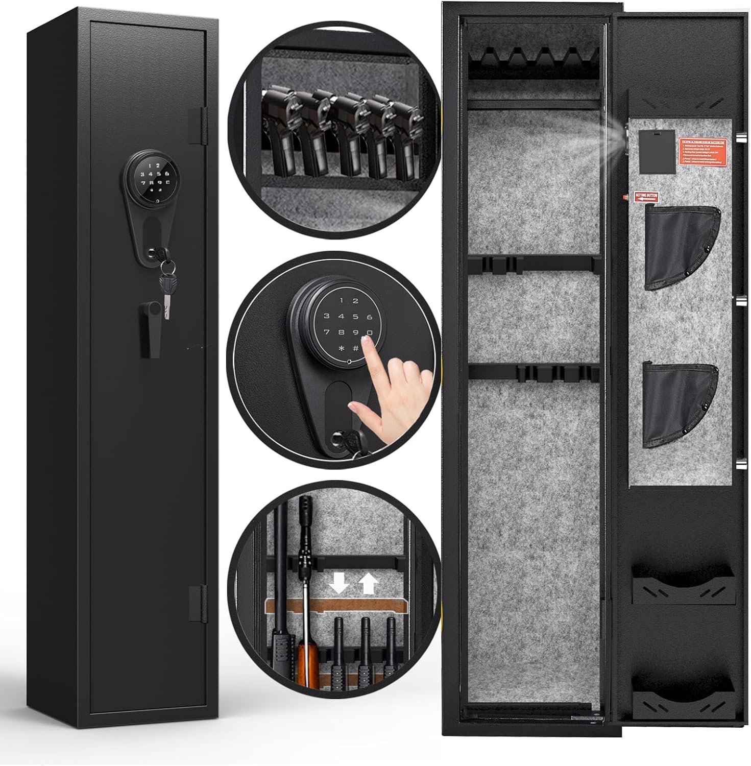 KAER 3-5 Gun Safes for Home Rifle and Pistols, Quick Access Safes for Shotguns, cabinets with Adjustable Rack, Pockets and Removable Shelf