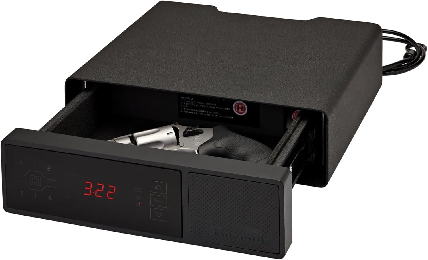 Hornady Rapid Safe Night Guard – Nightstand Gun Safe with RFID Reader, Clock, USB Ports – RFID Safe for Fast, Multiple Method Entry – Includes Rapid Safe, 3 Methods of Entry and Security Cable