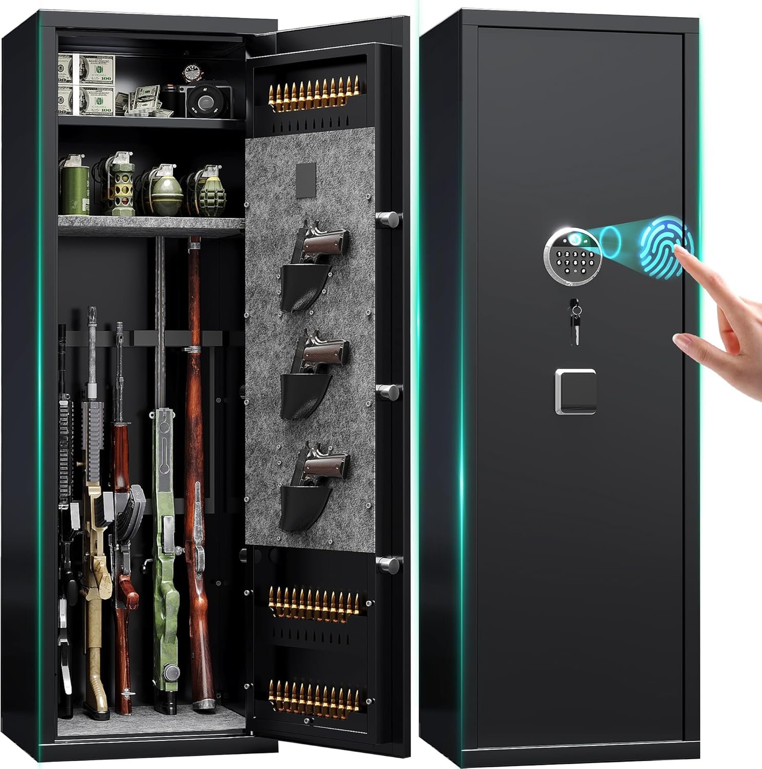 5 Gun Safe with 3 Pistol Pouches,Quick Access Biometric Large Gun Cabinet Lock,Tall Heavy-Duty Gun Safe for Home Rifle Pistols and Shotguns,Adjustable Rack Gun Safe