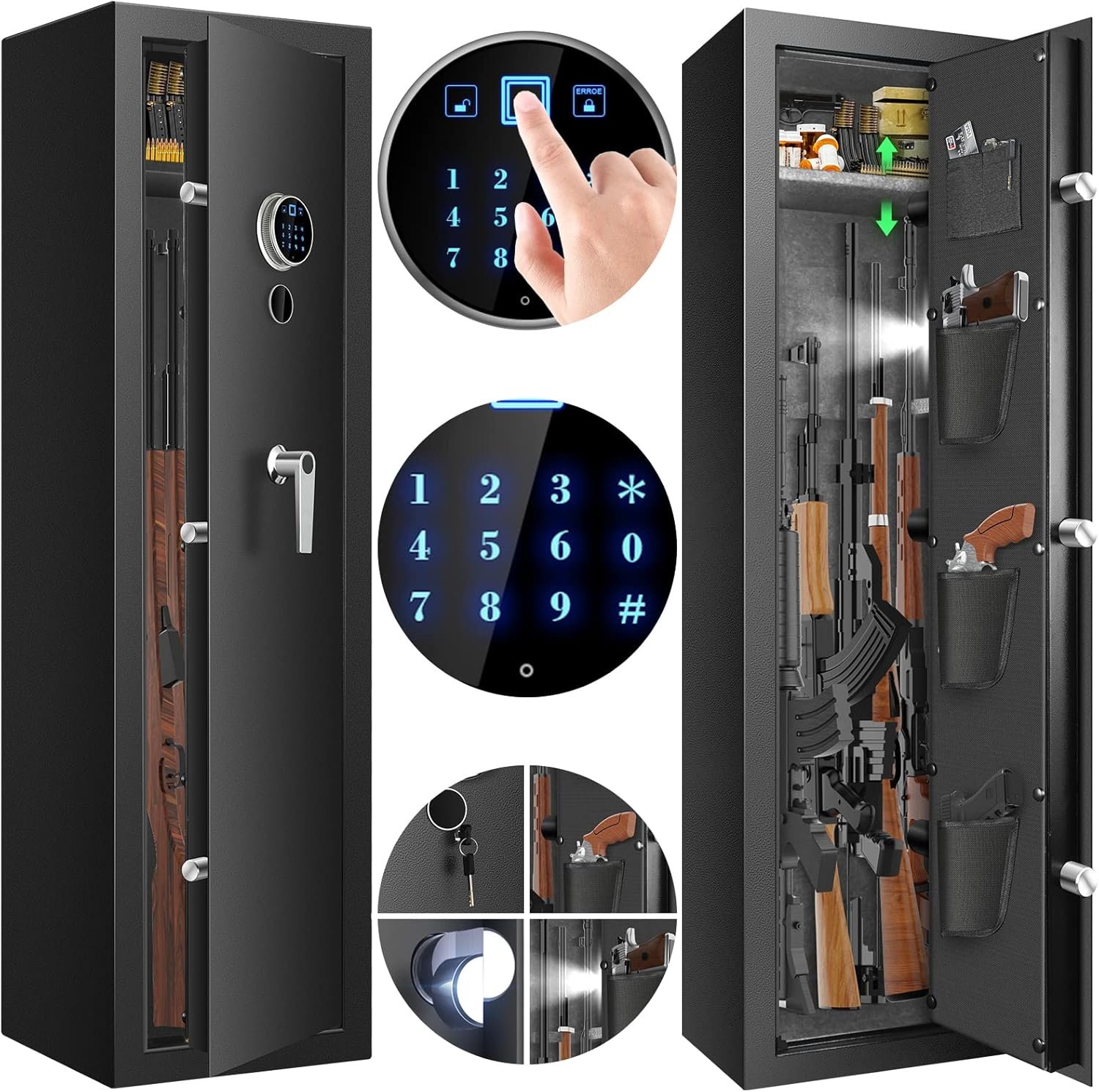 Fireproof Rifle Gun Safe for Home, Heavy Duty 6 Guns Biometric Gun Safe for Rifles and Shotguns, Quick Access Long Cabinet Safe, Gun Safe for Home Rifle with Pistol Pocket, Storage Shelf, LED Light