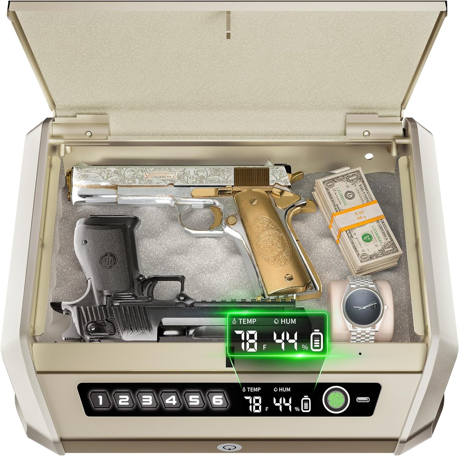 Gun Safe with LCD Display & USB Port, ≤0.1s Quick Access Biometric Handgun Safe for 2-4 Pistols, Hand Gun Lock Box with Fingerprint | Keypad | and Keys for Home Drawer Bedside Nightstand