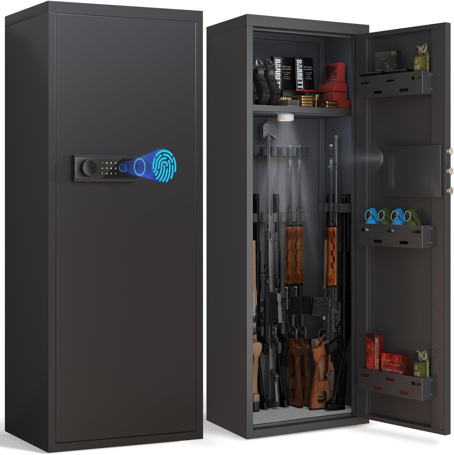 10-14 Gun Safe for Shotguns, Large Unassembled Fingerprint Gun Safe for Home Rifle and Pistols with Dual Alarm and Mute Mode, Long Gun Cabinet with Touchscreen Pad, Removable Shelves