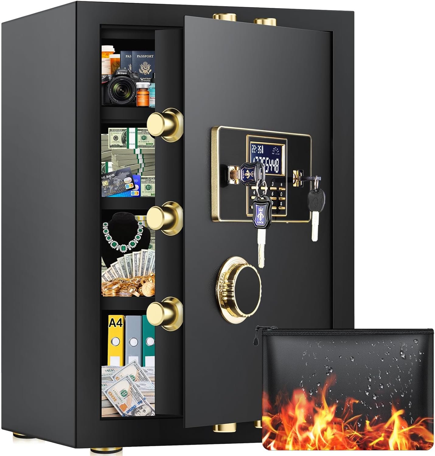 4.0 Cuft Large Home Safe Fireproof Waterproof, Anti-theft Fireproof Safe with Fireproof Bag, Programmable Keypad and Spare Keys, Digital Security Home Safe for Documents Firearm Money Valuables