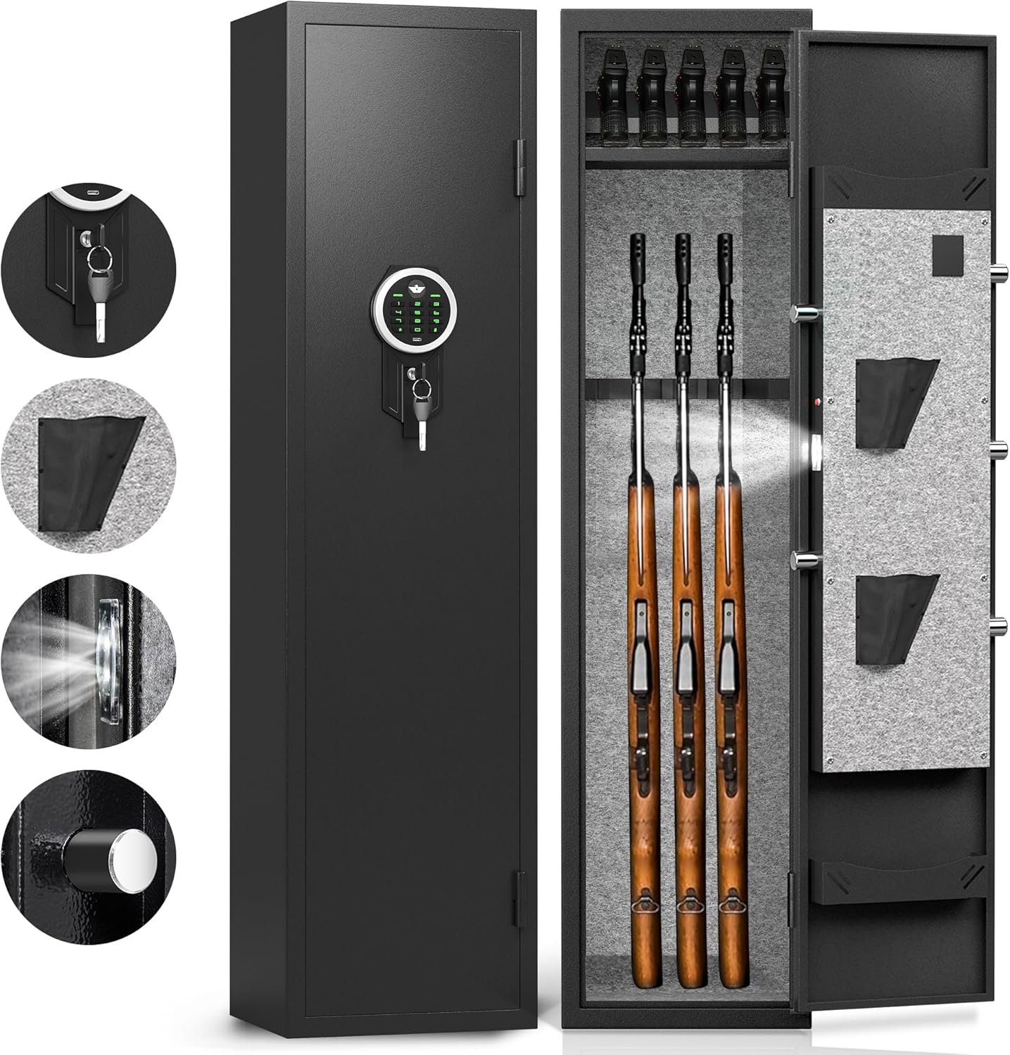 Rifle Gun Safe, Digital Keypad Large Long Gun Safe Rifle and Shotguns, Quick Access Gun Cabinets with LED Light, Gun Safe with Adjustable Gun Rack and Removable Shelf