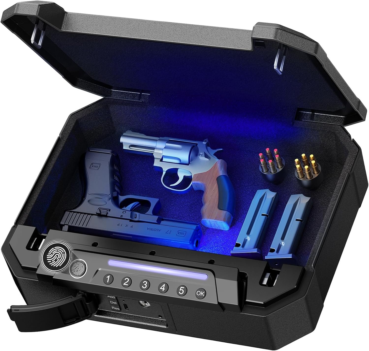 ONNAIS Biometric Gun Pistol Safe - Iron MAX Quick Access Fingerprint Gun Safe for Handgun with USB-C Charging, Extra-Large Pistol Case with Interior Light, Handgun Safe for Nightstand Beside and Car