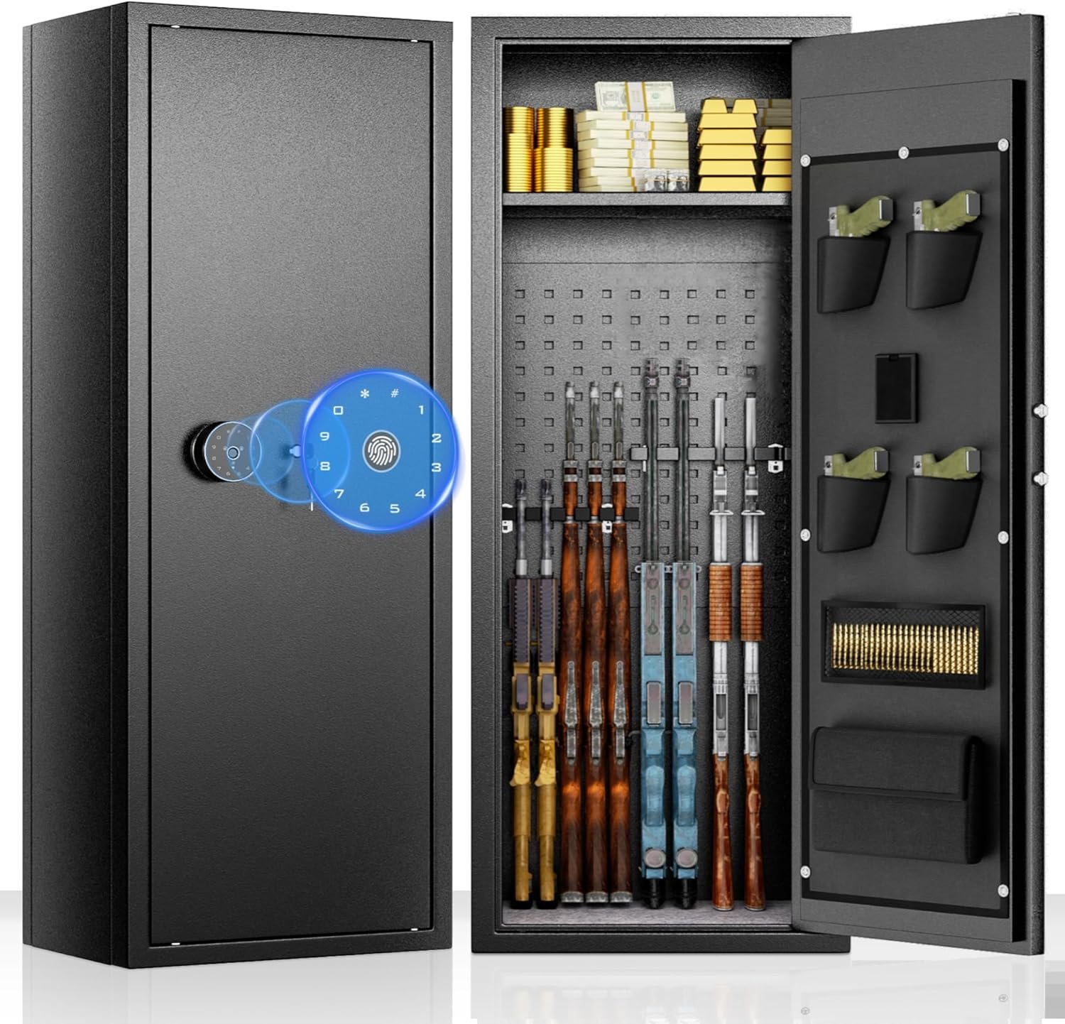 Bonusall 10-14 Gun Safe，Gun Cabinet for Rifles and Shotguns,Metal Long Gun Cabinet for Rifles with Quick Access Fingerprint, LED Lights, 3 Adjustable Shelves,Pockets