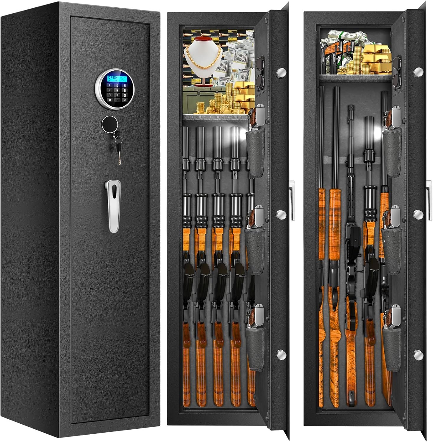 Fireproof Gun Safes for Home Rifle and Pistols, Heavy Duty Anti-Theft Long Gun Safes for Rifles and Shotguns with 3 Pistol Pockets, Gun Safe Rifle with LCD Digital Screen Removable Shelf(US Stock)