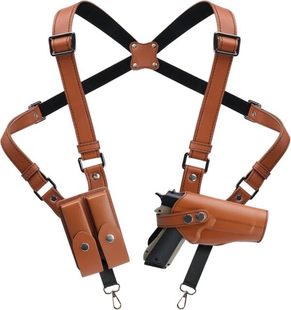 Shoulder Holster General Vertical Gun Holster Adjustable PU Leather for Concealed Carry with Double Magazine Pouch - Fit 1911 Most Kinds of Pistols