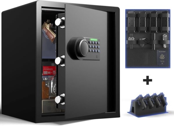 Gun Safe for Handgun - (1.72 cu. ft.) Adult Multiple Pistol Safe 【Gun Organizer & Gun Rack】Money Safe Box with Silent Mode, Home Safe with Backlit Keypad, LED Light, Gun Vault for Anti-Rust