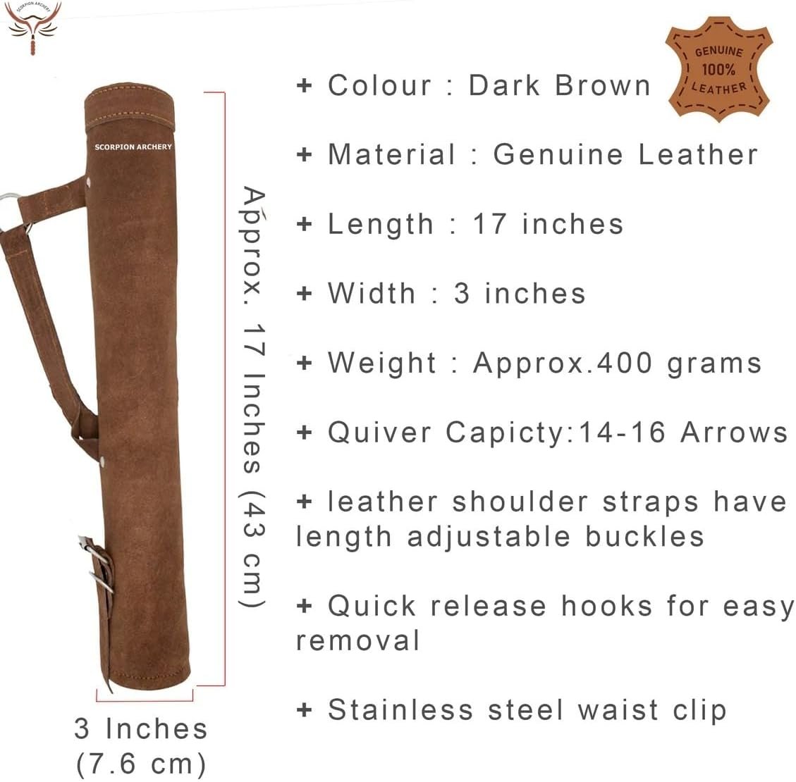 Recurve Bow Arrow Quiver - Leather 4-Arrow Holder With Quick Release For Hunting & Target Shooting