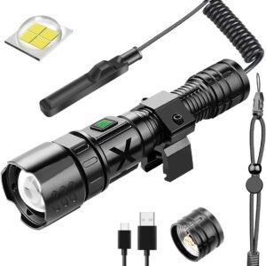 10000 Lumens XHP70 Tactical Flashlight for Rifle - Picatinny Rails Mount Flashlight with Pressure Switch, 5 Modes Adjust Focus Rechargeable Picatinny Flashlight for Tactical Outdoor