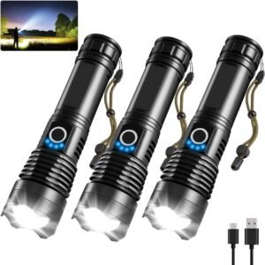 3Pack Rechargeable Flashlights High Lumens, 990000lm Super Bright Flashlight, 5Modes LED Flashlight Rechargeable, Adjustable Tactical Flashlights High Powered, Flash Lights for Emergency Camping Home