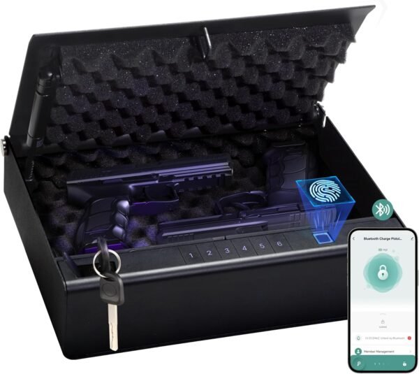 Biometric Fingerprint Gun Safe Pistol Safe 4 Ways 0.1S Quick Access, Fingerprint/Passcode/Key/App Unlock, Large Capacity Handgun Safe for 2 Pistols