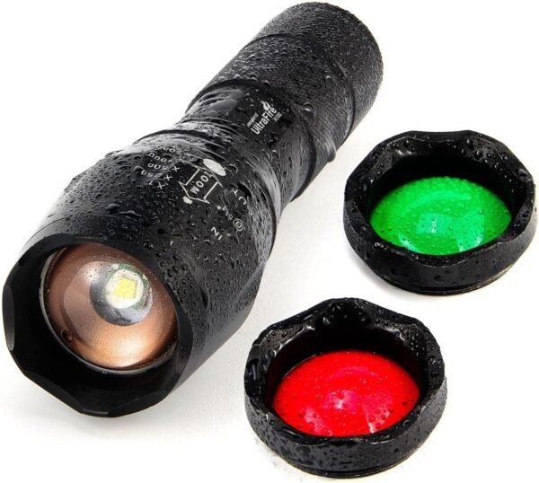 ULTRAFIRE A100 Tactical LED Flashlight Mini,800 Lumen Hunting Handheld Flashlight Focusable 3 Colors Exchange Glass Lens (Generate RED or Green Light)