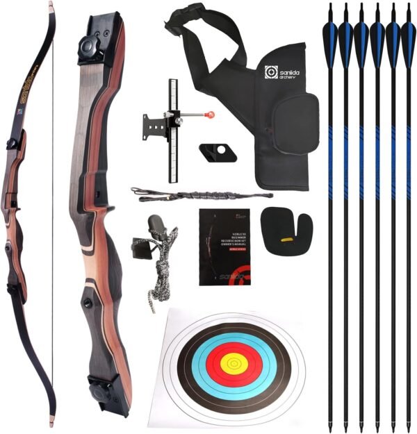 Sanlida Noble Standard Target Archery Beginner Recurve Bow and Arrows Kit for Adult and Youth, 48/54/62/66/68/70 Inch Wooden Takedown Recurve Bow Package for Training, Practice & Competition - RH Only