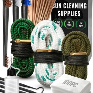 Bore Cleaner Gun Cleaning Kit For 12Ga / 5.56 / 9mm Gun Cleaning Snake, Gun Cleaning Supplies Incl. Gun Cleaning Patches, 6-inch Gun Cleaning Swabs, Gun Brushes, Cleaning Picks, Needle Oil Applicator