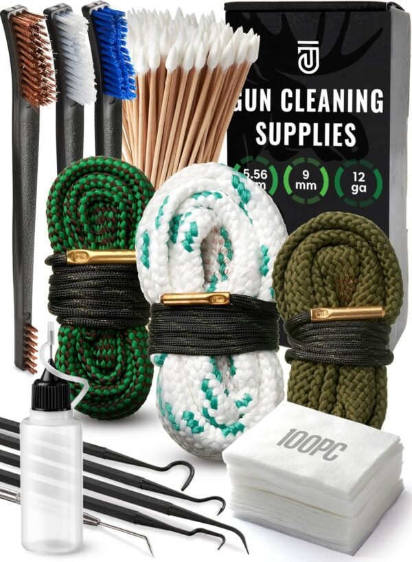 Bore Cleaner Gun Cleaning Kit For 12Ga / 5.56 / 9mm Gun Cleaning Snake, Gun Cleaning Supplies Incl. Gun Cleaning Patches, 6-inch Gun Cleaning Swabs, Gun Brushes, Cleaning Picks, Needle Oil Applicator