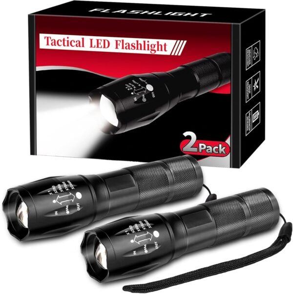 2 Pack Tactical Flashlights Torch, Military Grade 5 Modes 3000 High Lumens Led Waterproof Handheld Flashlight for Camping Biking Hiking Outdoor Home Emergency