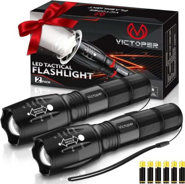 Victoper LED Flashlight 2 Pack, Bright 2000 Lumens Tactical Flashlights High Lumens with 5 Modes, Waterproof Zoomable Flash Light for Outdoor, Gifts for Christmas Stocking Camping Essentials Gear