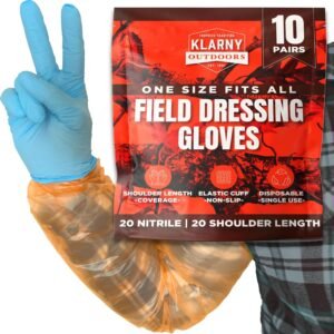 Klarny Outdoors Deer Gutting Gloves - Field Dressing Gloves - Veterinary Gloves includes Long Shoulder Length & Short Latex Disposable with Elastic Cuff Black/Orange