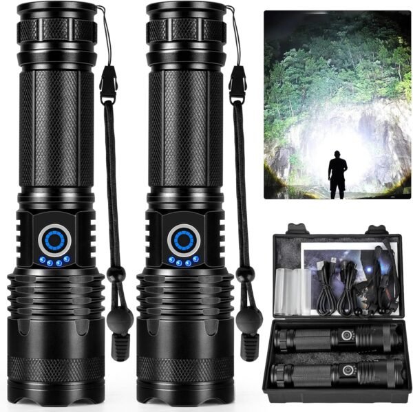 Rechargeable LED Flashlights High Lumens, 990,000 Lumens Super Bright Flashlights with 5 Modes, Waterproof Powerful Flash Light Multifunctional Flashlights for Home Camping Hiking(2 Pack)