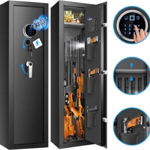 70Lb Fireproof Biometric Gun Safe Rifle, 51" Gun Safes for Home Rifle and Pistols with Triple Anti-Theft Door, Shelf & Silent Mode, Quick Access Gun Cabinets for Rifles and Shotguns with/without Scope