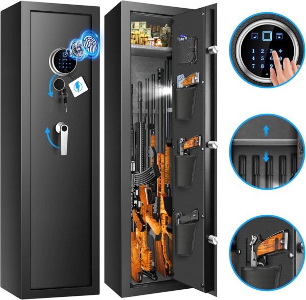 70Lb Fireproof Biometric Gun Safe Rifle, 51" Gun Safes for Home Rifle and Pistols with Triple Anti-Theft Door, Shelf & Silent Mode, Quick Access Gun Cabinets for Rifles and Shotguns with/without Scope