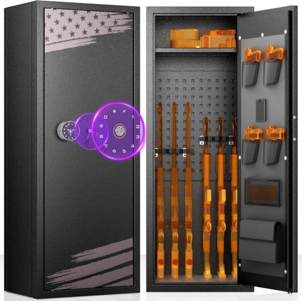 Greenvelly 10-14 Gun Safe for Rifles and Pistols,Quick Release Fireproof Gun Safe with Adjustable Shelves and Pockets,Biometric Locking Large Gun Cabinet with Rifle Rack for Home and Shotgun (Flag)