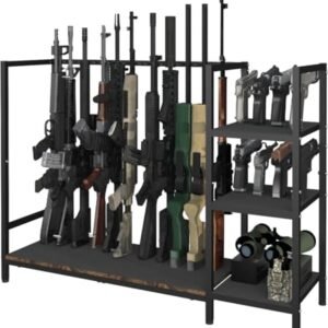 Mondazie Gun Rack, Floor Standing Rifle Stand with Pistol Shelves, Vertical Shotgun Storage Holder Display Racks Indoor with Padding for Home or Garage, Hold up to 11 Long Guns and 8 Handguns, Black