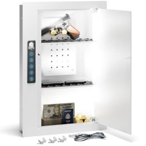 Grimtron Quick Access Wall Gun Safe with Removable Pegboard & Shelfs, Flat Hidden White Wall Safes Between the Studs 16" Centers, Wall Mount Safe for Handgun, Clips, Valuables