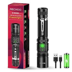 RECHOO Rechargeable Flashlights High Lumens, Double Switch S3000L LED Flashlight, Super Bright 5 Modes Zoomable Waterproof EDC Flashlights for Home, Emergncies, Camping(Battery Included)