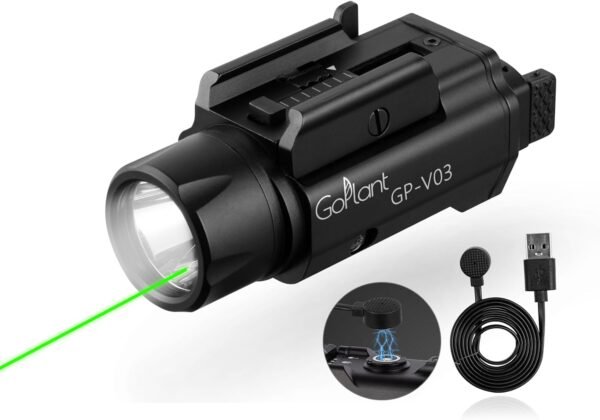 1750 Lumens Weapon Laser Light Combo - Adjustable Rail LED Light and Green Laser Flashlight, Magnetic Rechargeable Strobe Compact Tactical Light for Picatinny or GL Rail