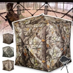 ShedOFF Hunting Blind 1-3 Person with Tri-Leg Hunting Stool, 270 Degree See Through Pop up Ground Blinds for Deer Turkey Duck Hunting, Bow Hunting Adjust Windows with Silent Zipper(Camo WhiteSky)