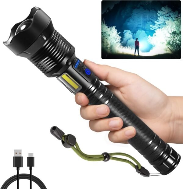 Flashlights High Lumen Rechargeable, Heavy Duty 990000 Lumens Rechargeable Flashlights, Adjustable Focus Tactical Flashlight with 8 Modes, Super Bright Flashlight for Home Camping