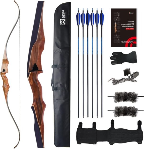 Sanlida Archery 60" Royal X8 One-Piece Bow Traditional Wooden Hunting Longbow Handmade Hunting Bow and Arrows Kit for Adults & Traditional Archers, RH Only