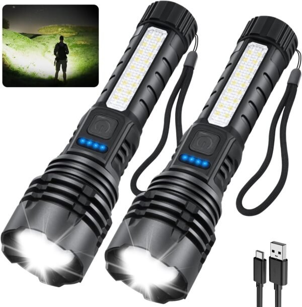 Rechargeable Flashlights High Lumens 990000, 7Mode Flashlights Rechargeable, Super Bright Flashlight, Adjustable Tactical Flashlight, High Powered Flash Light, LED Flashlight for Emergency Home 2Pack