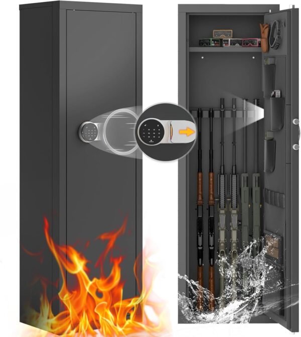10-14 Gun Safe, Quick Access Rifle & Shotgun Cabinet with Digital Keypad, 3 Adjustable Gun Racks, Handgun Pockets, Secure Storage for Home Defense