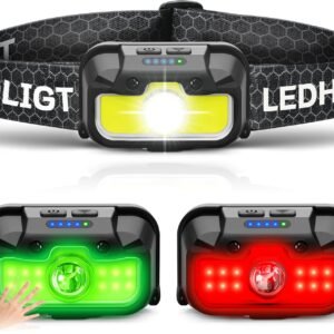 Headlamp Rechargeable, 1300 Lumen Ultra-Light Bright Head Lamp with White Red Green, 14 Modes Adjustable Waterproof Motion Sensor Headlight for Outdoor Camping Running