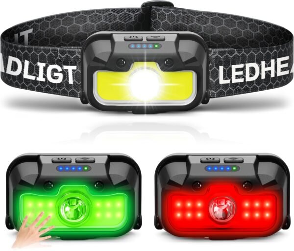 Headlamp Rechargeable, 1300 Lumen Ultra-Light Bright Head Lamp with White Red Green, 14 Modes Adjustable Waterproof Motion Sensor Headlight for Outdoor Camping Running