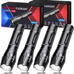 RECHOO Tactical Flashlights 4 Pack, Bright Zoomable LED Flashlights with High Lumens and 5 Modes, Waterproof Portable Pocket Flash Light for Emergency, Camping, and Outdoor Use - S1500