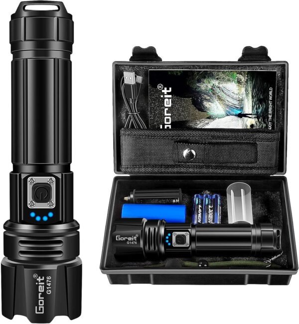 Goreit Flashlight High Lumens Rechargeable, 990,000 Lumen Led Flashlights XHP70.2 USB Super Bright Flash Light Battery Powered, Powerful Handheld Flashlights for Emergencies Camping, IP67 Waterproof