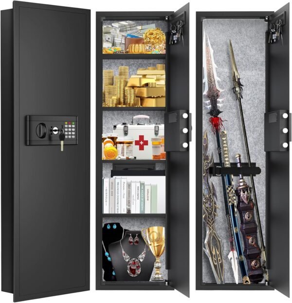 47.3" Tall Fireproof Wall Safes Between the Studs 16" Centers, Large Hidden Flush Wall Safe with 4 Removable Shelf & 6 Key Hooks, 48LB Heavy Duty Gun Safes for Home Rifle and Pistols, Money, Jewelry