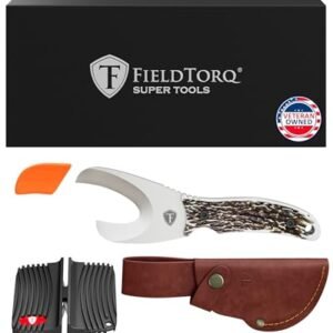 FieldTorq Super Tool | 4-in-1 Field Dressing Kit with Sheath & Sharpener | Skinning Knife for Hunting | Gut Hook Knife | Deer Hunting Knife Set
