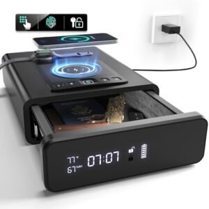 Grimtron Biometric Gun Safe for Handgun, 24/7 Display Clock Safe with 2-in-1 Watch & Phone Wireless Charging, Pistol Safe with Backlit Keypad, Handgun Safe with LED Light, Auto Pop-up Unlock