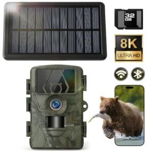 Solar Trail Camera 8K 30FPS, 60MP Bluetooth WiFi Game Camera, APP Control Trail Cam, 120° Detection Angle/Night Vision/0.1S Trigger Motion Activated/IP66 Waterproof, Deer Camera for Wildlife Farm