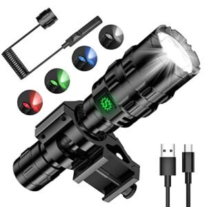 Oueand Tactical Flashlight, 1600LM Light for 984FT Beam Distance, IP65 Waterproof Level 5 Lighting Modes Rifle Light with Remote Pressure Switch, Red,White,Bule,Green Light for Hunting