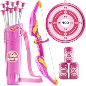NIPLOOOW Kids Bow and Arrow Set, LED Light Up Archery Toy Set with 10 Suction Cup Arrows,Target & Arrow Quiver, Bow and Arrows Set Toys Gift for 3 4 5 6 7 8 9 10 11 12 Year Old Kids Boys Girls (Pink)